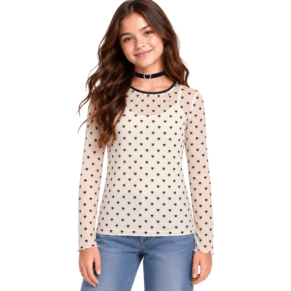 Forever 21 Girls Mesh Top Two-Fer Long Sleeve Shirt with Built-In Camisole and Velvet Charm Choker