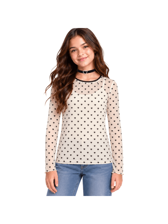 Girls Mesh Top Two-Fer Long Sleeve Shirt with Built-In Camisole and Velvet Charm Choker