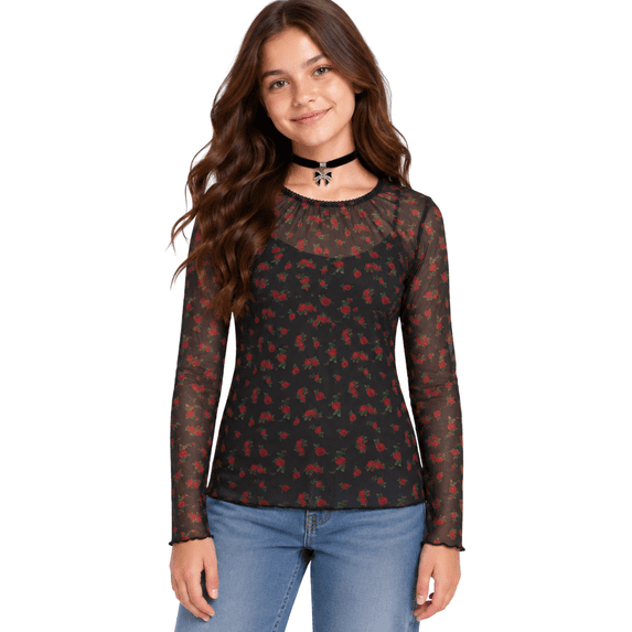 Forever 21 Girls Mesh Top Two-Fer Long Sleeve Shirt with Built-In Camisole and Velvet Charm Choker