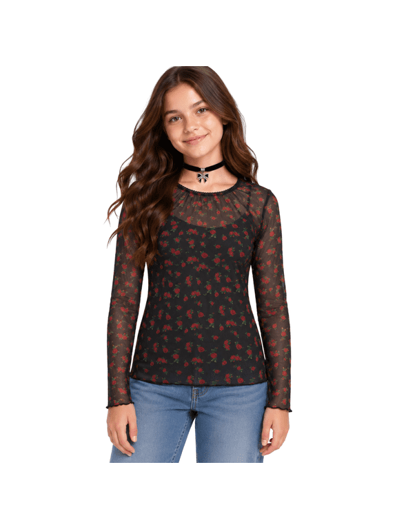 Girls Mesh Top Two-Fer Long Sleeve Shirt with Built-In Camisole and Velvet Charm Choker