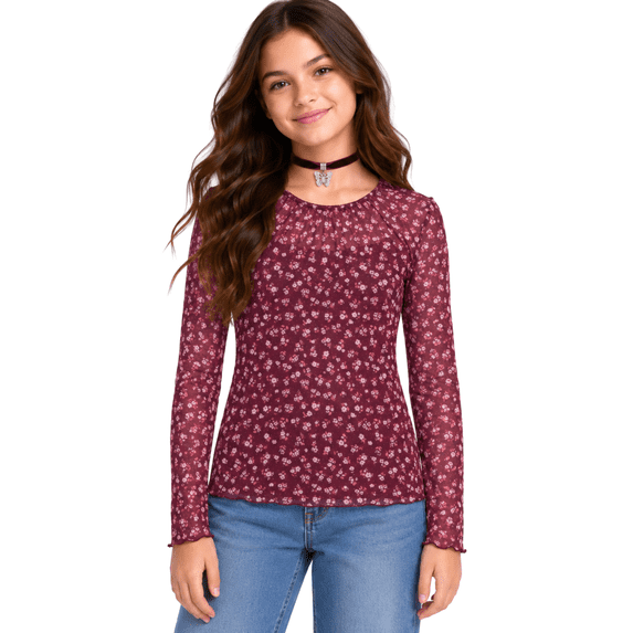 Forever 21 Girls Mesh Top Two-Fer Long Sleeve Shirt with Built-In Camisole and Velvet Charm Choker