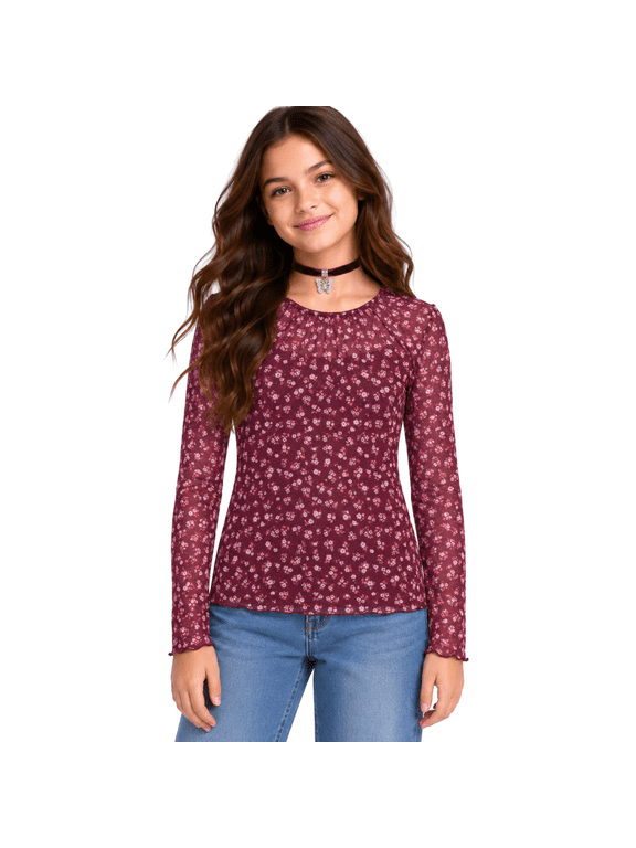 Girls Mesh Top Two-Fer Long Sleeve Shirt with Built-In Camisole and Velvet Charm Choker