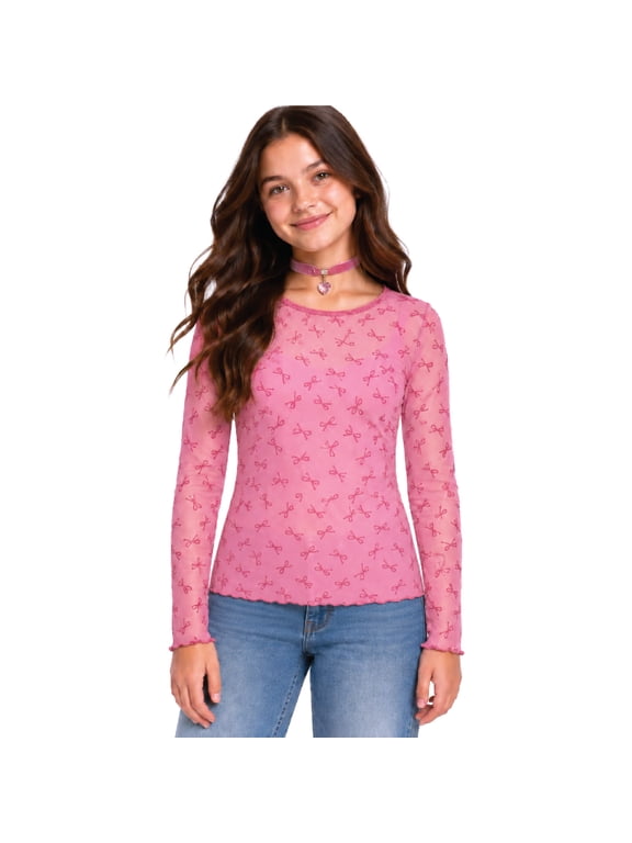 Girls Mesh Top Two-Fer Long Sleeve Shirt with Built-In Camisole and Velvet Charm Choker