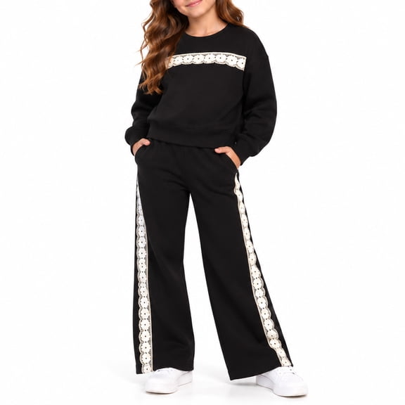 Forever 21 Girls Sweatsuit Set Cute Fleece Pullover & Wide Leg Pants Activewear Outfit Set 2 Piece