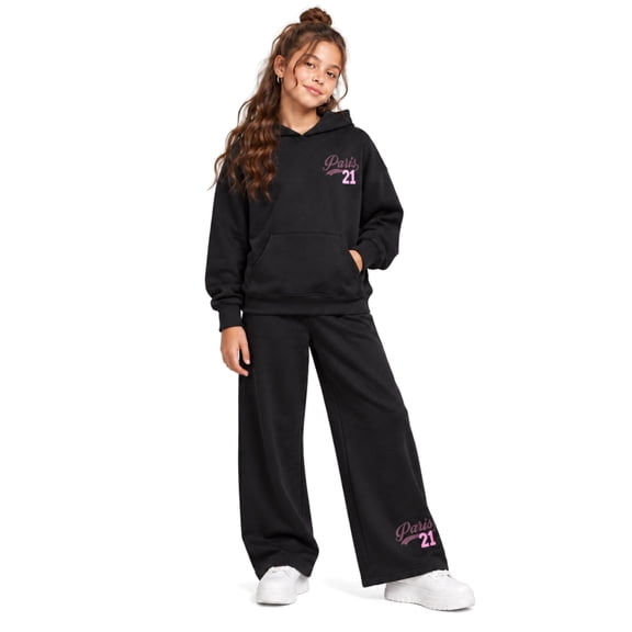 Forever 21 Girls Sweatsuit Set Oversized Fleece Pullover Hoodie & Wide Leg Sweatpants Set 2 Piece
