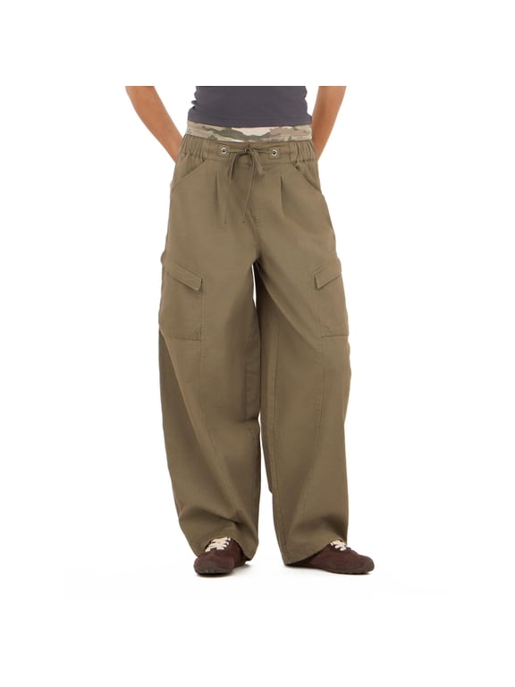 Women's Khaki Green Baggy Cargo Pants with Elastic Waist, Barrel-Leg Design for Everyday Casual Wear, L