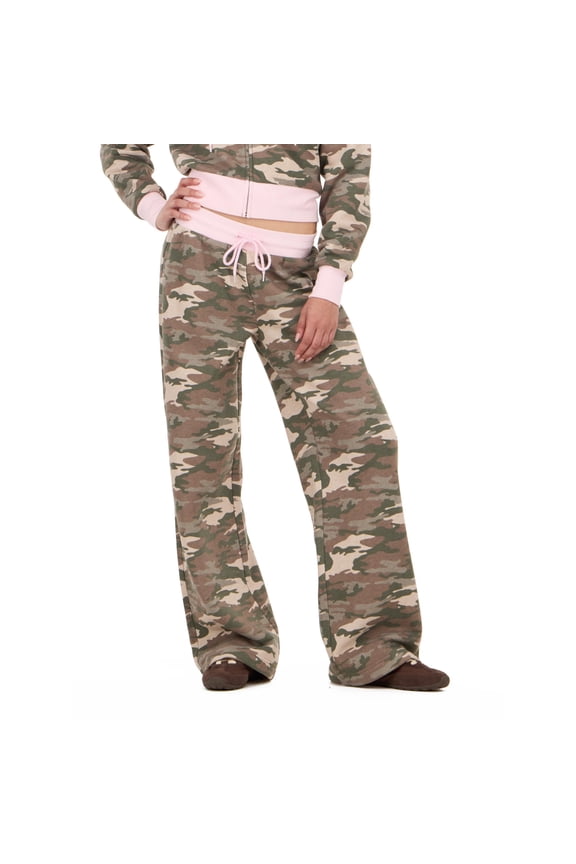 Women's Green Camo Y2K Jogger with Contrast Waistband, Relaxed Flare Fit for Athleisure & Lounging, XS