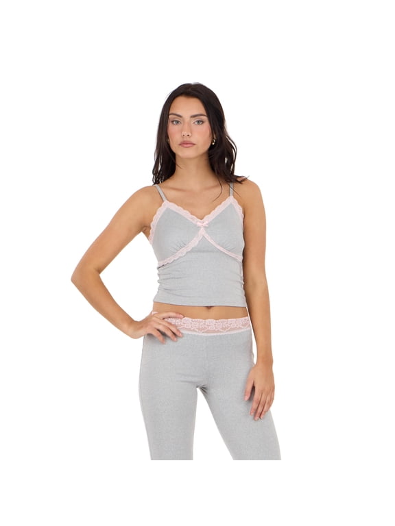 Women's Y2K Heather Grey Tank Top, Lace Trim Detail for Layering, Summer Style & Lounging , S