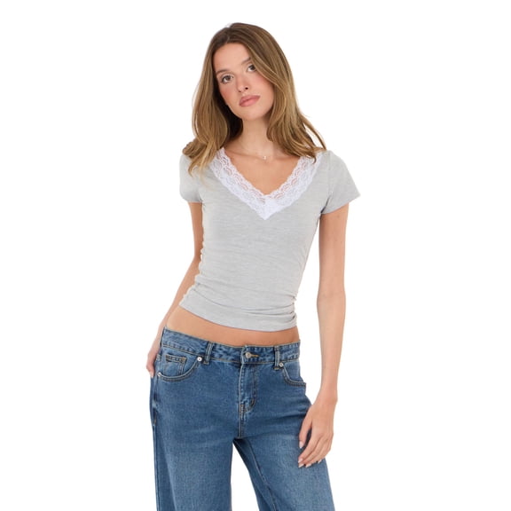Forever 21 Women's Grey Y2K Short-Sleeved V-Neck Top, Lace Trim Detail for Layering & Everyday Style, XS