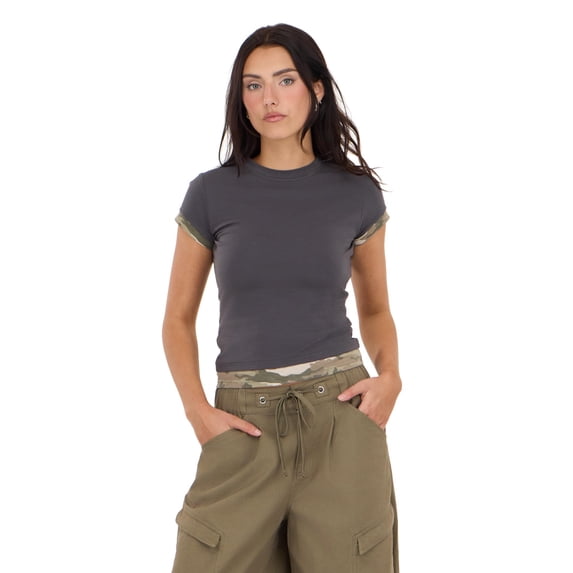 Forever 21 Women's Black Camo Y2K Layered Look Tee Top, Layered Design for Everyday Casual Style,M