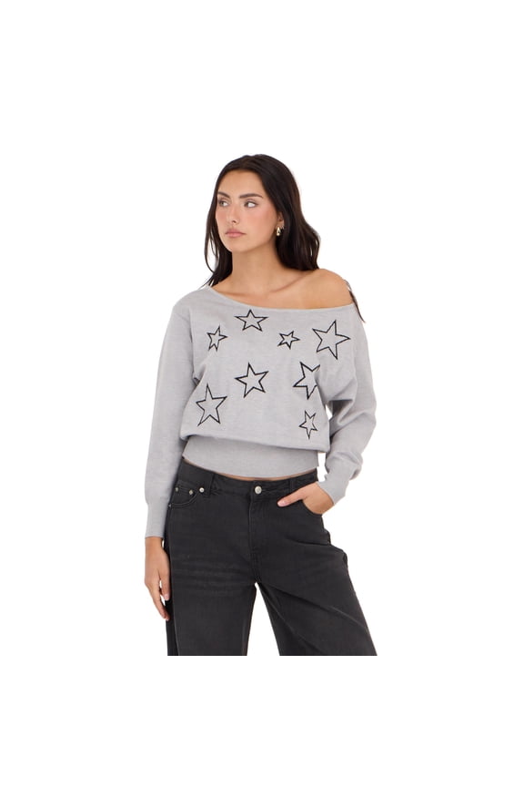 Women's Grey Slouchy Sweater, Off-Shoulder Design Star Print for Cozy Fall Layering, XS