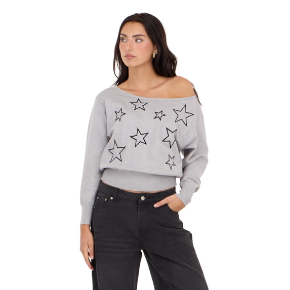 Forever 21 Women's Grey Slouchy Sweater, Off-Shoulder Design Star Print for Cozy Fall Layering, XS