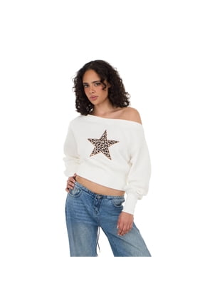 Women's Ivory Off-the-Shoulder Sweatshirt, Leopard Print Star Embroidered Print for Casual Streetwear Style, S