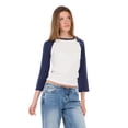 thumbnail image 1 of Forever 21 Women's Navy Blue & Ivory Varsity Raglan Crew Neck 3/4 Sleeve Top, for Casual Everyday Style, M, 1 of 6