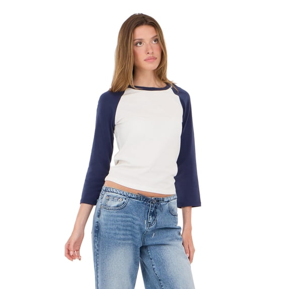 Forever 21 Women's Navy Blue & Ivory Varsity Raglan Crew Neck 3/4 Sleeve Top, for Casual Everyday Style, M