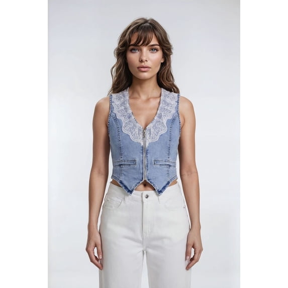 Forever 21 Lace-Trim Zip-Front Denim Vest, Color-Medium Denim, Size-L