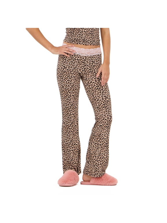 Women's Leopard Print Flare Loungewear Pant, Lace Waistband Detail for Athleisure & Lounging, L