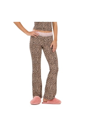 Women's Leopard Print Flare Loungewear Pant, Lace Waistband Detail for Athleisure & Lounging, S
