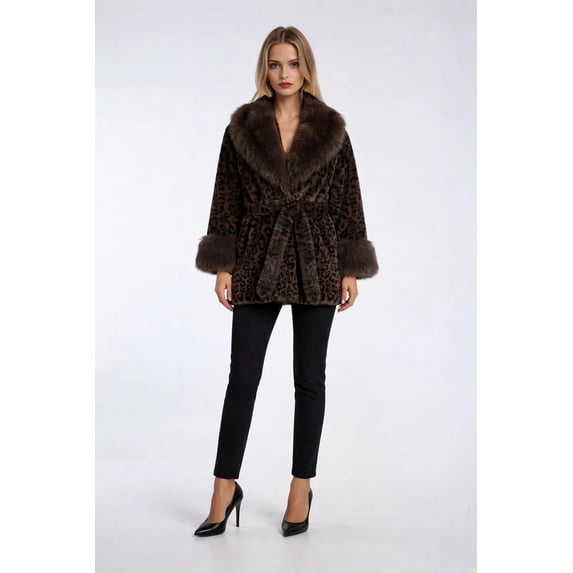 Forever 21 Leopard Print Tie-Waist Faux Fur Jacket, Color-Brown/Multi, Size-S