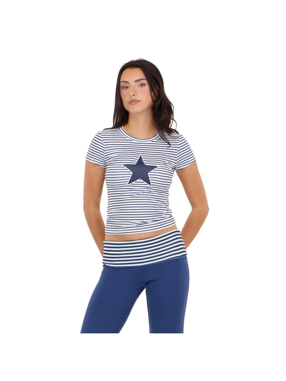 Women's Navy Stripe Y2K Baby Tee, Star Graphic with All-Over Print Design for Casual Streetwear Style, XS