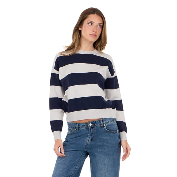 Forever 21 Women's Navy & Cream Preppy Sweater, Rugby Stripe Design for Cozy Fall Layering, L