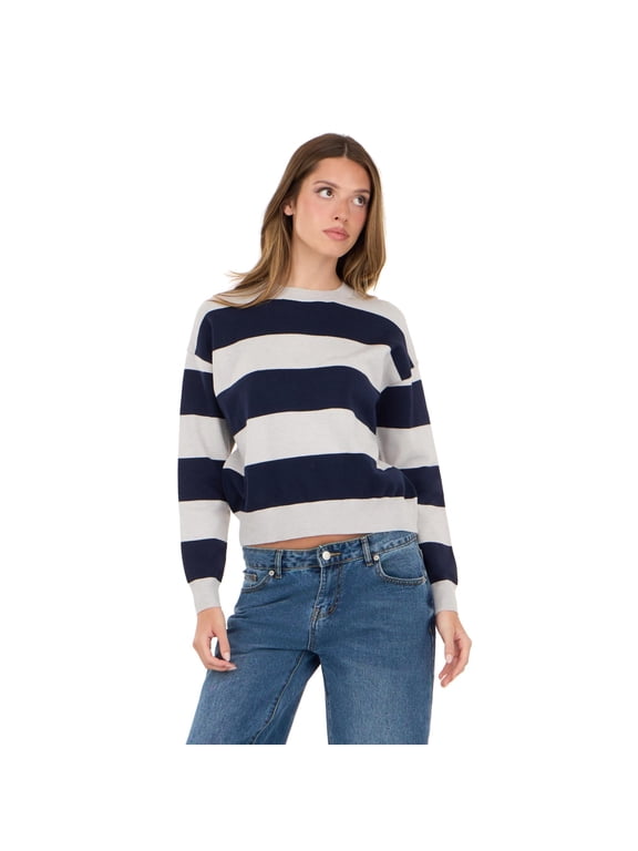 Women's Navy & Cream Preppy Sweater, Rugby Stripe Design for Cozy Fall Layering, M