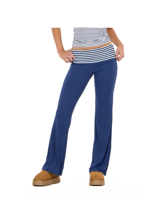 Women's Navy Y2K Foldover Flare Legging, Contrast Fold-Over Waist Design for Athleisure Everyday Wear, S