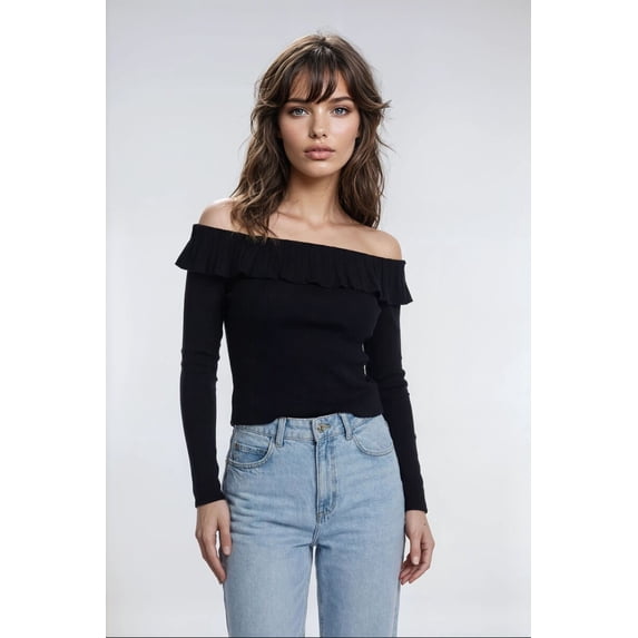 Forever 21 Off-The-Shoulder Ruffle Sweater, Color-Black, Size-L