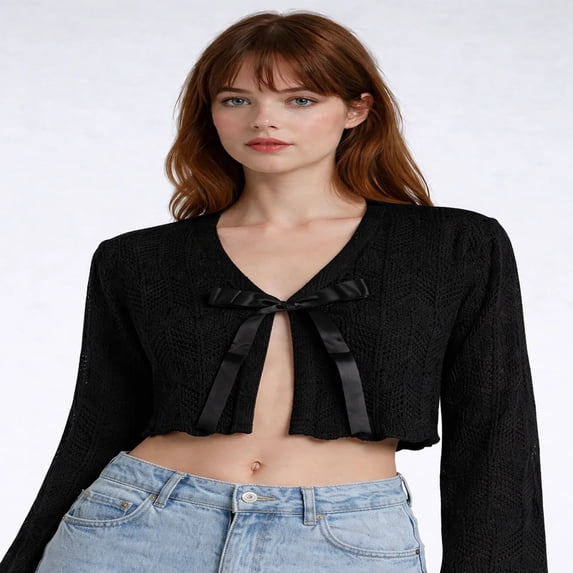Forever 21 Open-Front Pointelle Bow Cardigan, Color- Black, Size- S