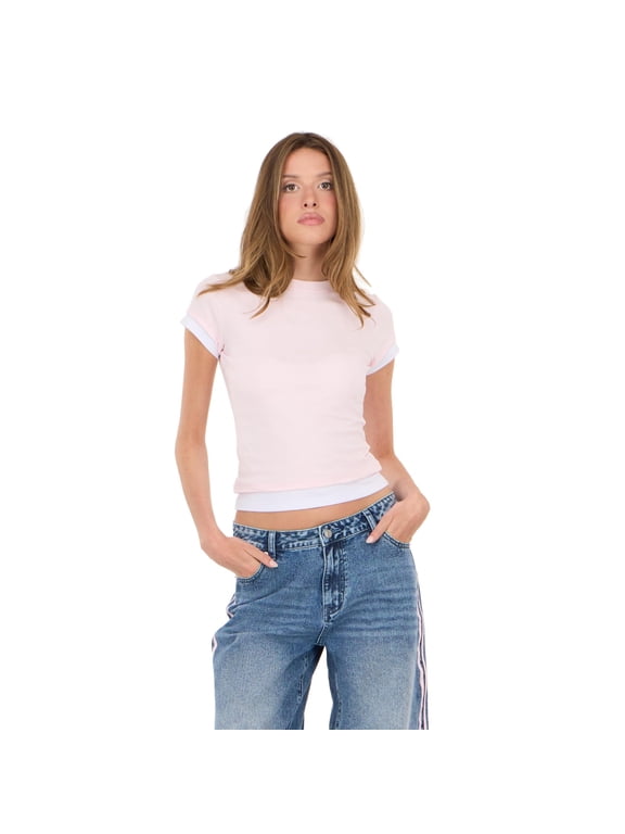 Women's Pink Y2K Layered Look Tee Top, Layered Design for Everyday Casual Style, S