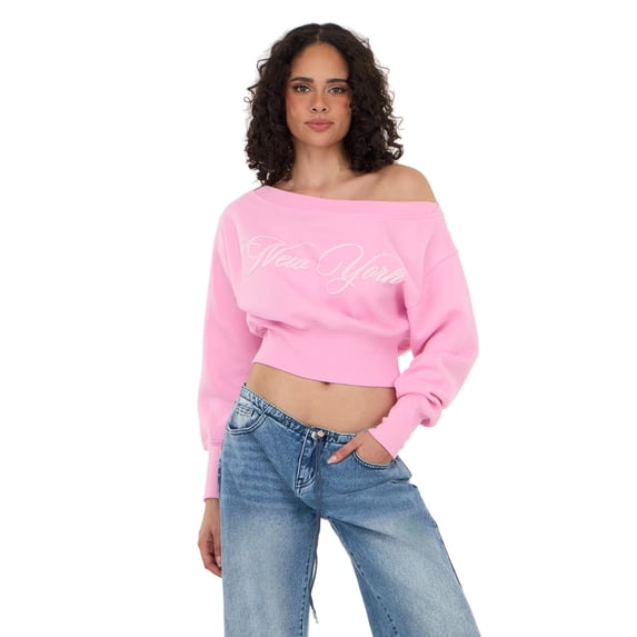 Forever 21 Women's Pink Off-the-Shoulder Sweatshirt, New York Graphic Print for Casual Streetwear Style, XS