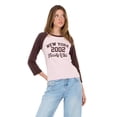 thumbnail image 1 of Forever 21 Women's Blue & White New York 2002 Varsity Raglan Crew Neck 3/4 Sleeve Top, for Casual Everyday Style, M, 1 of 6