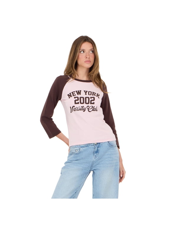 Women's Blue & White New York 2002 Varsity Raglan Crew Neck 3/4 Sleeve Top, for Casual Everyday Style, M