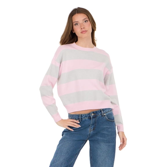Forever 21 Women's Pink & Grey Preppy Sweater, Rugby Stripe Design for Cozy Fall Layering, XS