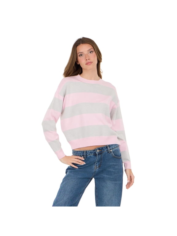 Women's Pink & Grey Preppy Sweater, Rugby Stripe Design for Cozy Fall Layering, XS