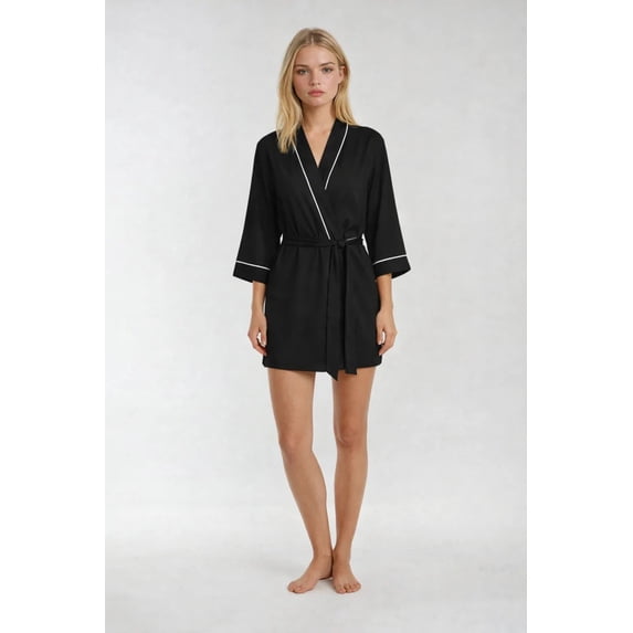 Forever 21 Piped-Trim Modal Robe, Color-Black, Size-S