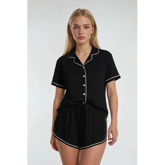 Forever 21 Piped-Trim Top & Shorts Pajama Set, Color-Black/Ivory, Size-Xs