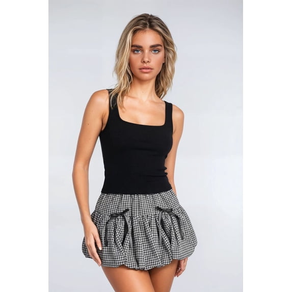 Forever 21 Pleated Bow Gingham Mini Skirt, Color-Black/White, Size-L