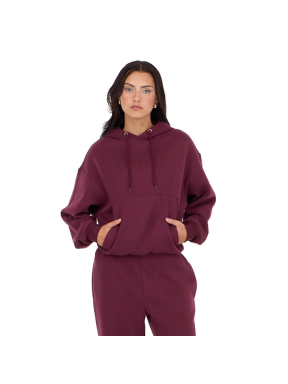 Women's Burgundy Loungewear Cropped Hoodie, Elastic Hem Design for Cozy Lounging, M