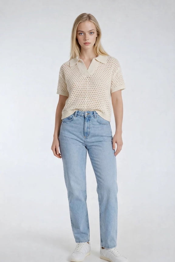 Short-Sleeve Crochet Collared Sweater Top, Color-Cream, Size-S