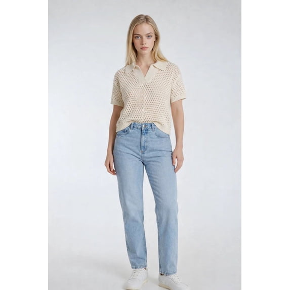 Forever 21 Short-Sleeve Crochet Collared Sweater Top, Color-Cream, Size-Xs