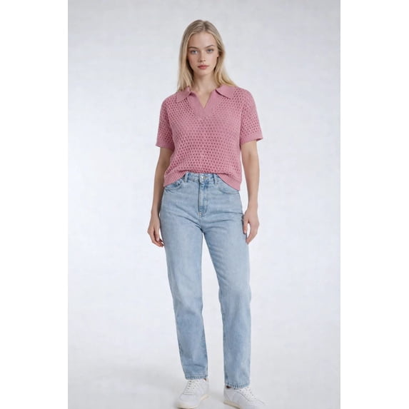 Forever 21 Short-Sleeve Crochet Collared Sweater Top, Color-Mauve, Size-M
