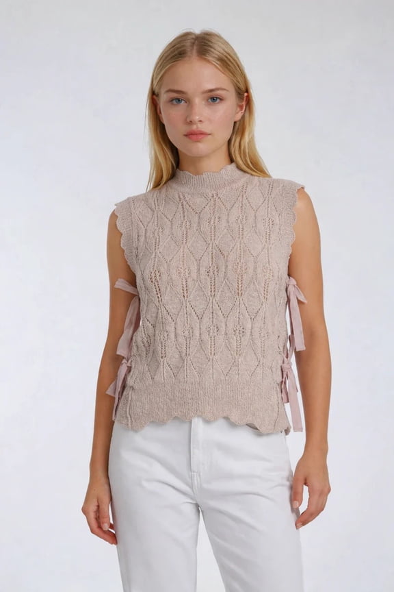 Sleeveless Side-Tie Crochet Knit Top, Color-Beige/Pink, Size-L