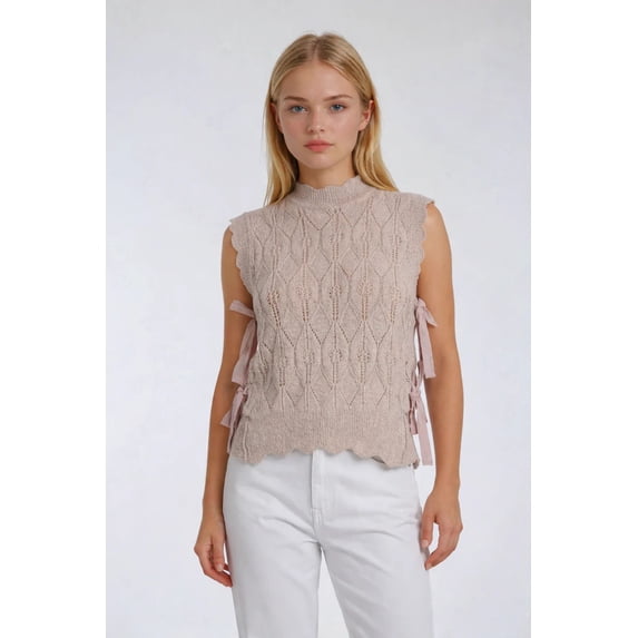 Forever 21 Sleeveless Side-Tie Crochet Knit Top, Color-Beige/Pink, Size-M