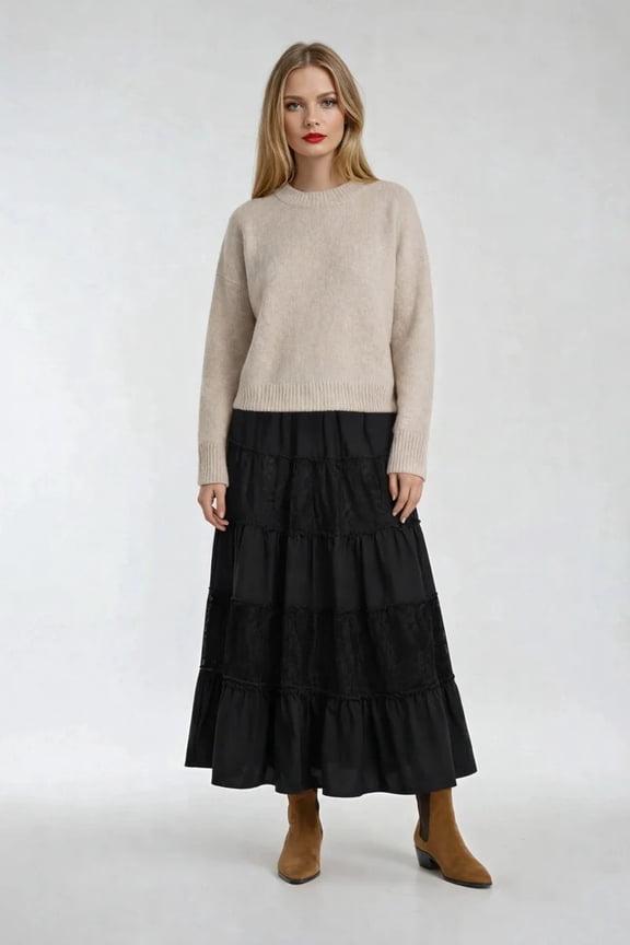 Tiered Lace Maxi Skirt, Color-Black, Size-S