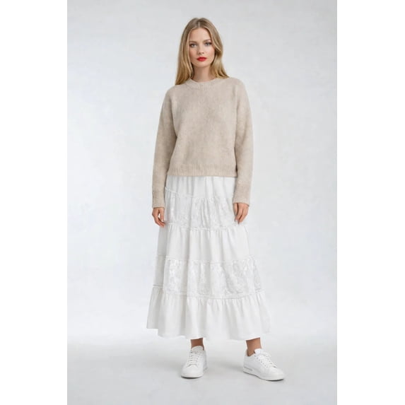 Forever 21 Tiered Lace Maxi Skirt, Color-White, Size-M