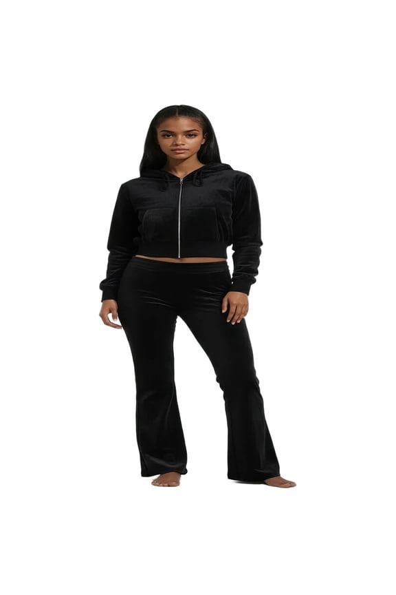 Velour Zip-Front Hoodie & Pant Set, Color- Black, Size- M