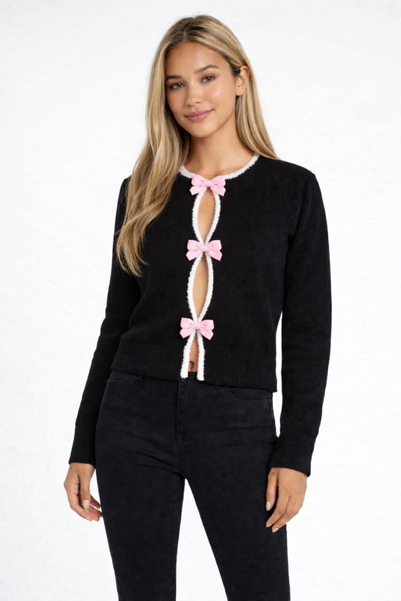 Velvet Bow Open-Front Knit Sweater, Color-Black/Cream, Size-M