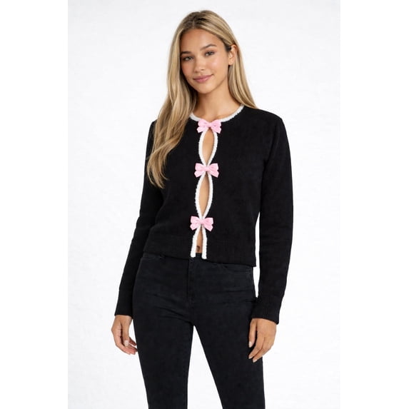 Forever 21 Velvet Bow Open-Front Knit Sweater, Color-Black/Cream, Size-M