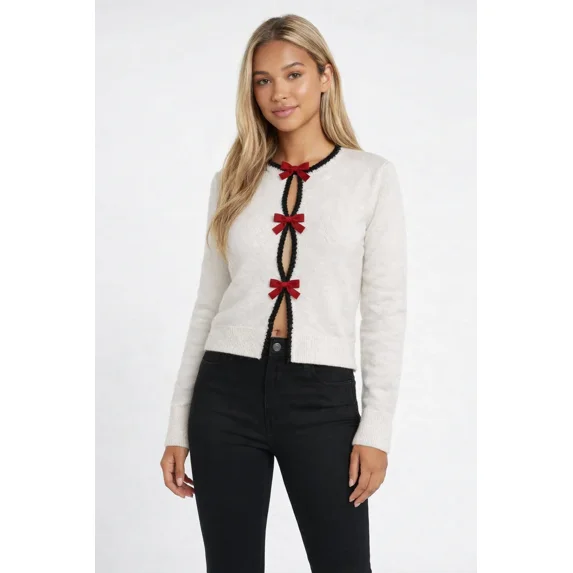 Forever 21 Velvet Bow Open-Front Knit Sweater, Color-Cream/Black, Size-S